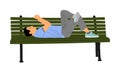 Relaxed lazy man lying down on bench in park with mobile phone vector isolated. Tired boy on pause after job. Outdoor enjoy rest