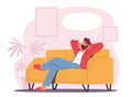 Relaxed Male Character in Home Clothes and Slippers Sitting in Comfortable Sofa Yawning, Imagine Something Pleasant