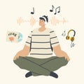 Relaxed Male Character Meditating in Headphones Listening Relaxing Music. Man Do Yoga in Lotus Pose. Healthy Lifestyle Royalty Free Stock Photo