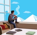 Relaxed man sitting in window watching mountains and drinking coffee