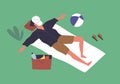 Relaxed man sleeping in the park with cap covering face vector flat illustration. Male resting outdoors lying on blanket