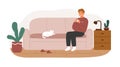 Relaxed man in warm sweater sitting on couch with hot beverage vector flat illustration. Smiling male spending time at