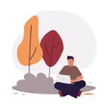 Relaxed man working with laptop in park. Cartoon businessman work on nature. Work time and productive lifestyle. Concept