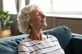 Relaxed middle aged mature hoary woman breathing fresh air. Royalty Free Stock Photo