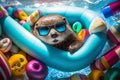 Relaxed otter chilling on a pool float with inflatable pool toys. Generative AI Royalty Free Stock Photo
