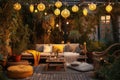 Relaxed Outdoor Patio With Bohoinspired Rattan Furniture And String Lights Bohemian Interior Design. Generative AI