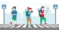 Relaxed Pedestrian Characters Crossing Road with Zebra and Traffic Lights. Hipster Listen Music by Smartphone Walking