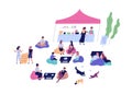 Relaxed people and pets spend time at outdoor cafe vector flat illustration. Man, woman and children talk, drink fresh