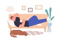 Relaxed person resting on sofa and dreaming of smth. Happy thoughtful man lying on couch at home, thinking and imagining