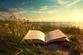 Relaxed Reading at the Seashore: Concept for Vacation Literature Enjoyment, Peaceful Summer Education, and Sunny Beach Relaxation Royalty Free Stock Photo