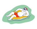 Relaxed Santa Claus Character in Hat Floating Inflatable Ring in Swimming Pool or Ocean. Christmas Vacation