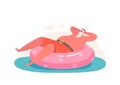 Relaxed Santa Claus in Hat Floating Inflatable Ring in Swimming Pool or Ocean. Christmas Vacation, Winter Holidays