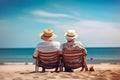 Relaxed Senior Couple in chair on Beach with Blue Sky. Generative ai