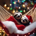 A relaxed sloth dressed as Santa, enjoying a nap in a hammock strung with Christmas lights3 Royalty Free Stock Photo