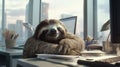 A relaxed sloth peacefully sleeps in an office space, embracing