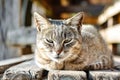 A relaxed tabby cat lying down on wooden planks in the sunlight with a content and calm expression. Royalty Free Stock Photo