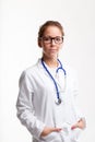 Relaxed thoughtful young woman doctor