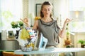 Relaxed trendy woman with iron, clothes basket doing yoga Royalty Free Stock Photo