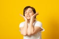 Relaxed woman has gentle skin after taking shower, satisfied with new lotion, has no makeup, smiles tenderly Royalty Free Stock Photo