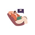 Relaxed woman reading online with tablet PC. Young person sitting in chair, surfing internet, lounging at leisure time