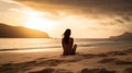 A relaxed young brunette woman or girl wearing a bikini sitting on a deserted tropical beach at sunset or sunrise