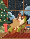 Relaxed young woman character reading sitting in armchair at Christmas eve