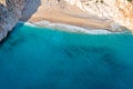 Relaxing aerial beach, summer vacation tropical Mediterranean landscape. Peaceful beach, seaside surf. Waves surf amazing blue Royalty Free Stock Photo