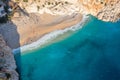 Relaxing aerial beach, summer vacation tropical Mediterranean landscape. Peaceful beach, seaside surf. Waves surf amazing blue Royalty Free Stock Photo