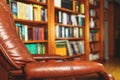 Relaxing armchair in the library with multiple books to read in a relaxed and comfortable place