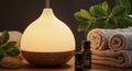 Relaxing Aromatherapy Diffuser with Essential Oils and Towels in Spa Setting Royalty Free Stock Photo