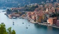 View from above during twilight. Boats in the bay, ocher, red and orange facades, blue Mediterranean sea. `Villefranche sur Mer`, Royalty Free Stock Photo