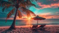 Relaxing beach ambiance with vibrant sunset hues, two inviting sun beds, Ai Generated