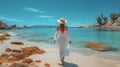 Relaxing beach holiday with beautiful summer travel with young woman in white dress and hat enjoying the sea view. Generative AI