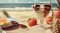 Relaxing beach scene with refreshing cocktail and sun glasses. Retro styled vacation still life. Royalty Free Stock Photo