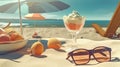 Relaxing beach scene with refreshing cocktail and sun glasses. Retro styled vacation still life. Royalty Free Stock Photo