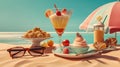 Relaxing beach scene with refreshing cocktail and sun glasses. Retro styled vacation still life. Royalty Free Stock Photo