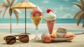 Relaxing beach scene with refreshing cocktail and sun glasses. Retro styled vacation still life. Royalty Free Stock Photo