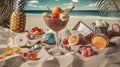 Relaxing beach scene with refreshing cocktail and sun glasses. Retro styled vacation still life. Royalty Free Stock Photo