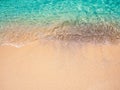 Relaxing beach scene, top view. Movement of blue sea water and wave surf on clean sandy beach ocean.