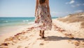 Relaxing beach travel concept woman walking barefoot on sandy beach with peaceful ocean view Royalty Free Stock Photo