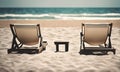 Relaxing beach vacation with a lounge chairs and palm trees