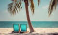 Relaxing beach vacation with a lounge chairs and palm trees