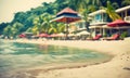 Relaxing beach vacation with a lounge chairs and palm trees