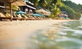 Relaxing beach vacation with a lounge chairs and palm trees