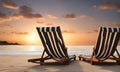 Relaxing beach vacation with a lounge chairs and palm trees