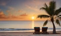 Relaxing beach vacation with a lounge chairs and palm trees