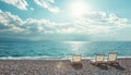 Relaxing beach view with empty lounge chairs under a bright sky at midday Royalty Free Stock Photo