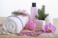 Relaxing beauty set with luxurious towel, soap and shower gel Royalty Free Stock Photo