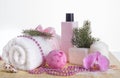 Relaxing beauty set with luxurious towel, soap and shower gel Royalty Free Stock Photo