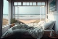 relaxing bedroom with cozy bed and window view of the beach